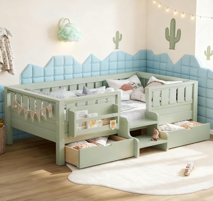 Bellemave Twin Size Kids Bed with high Rails and with Built-in Bookshelf and Drawers for Kids, Girls, Boys, Wood Montessori Bed Without Door, Avocado Green