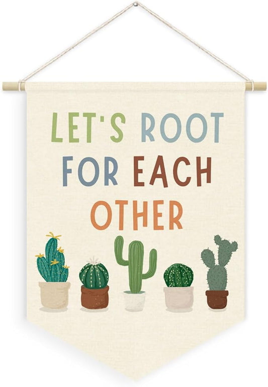 Cactus Plant Classroom Decor, Let's Root for Each Other Linen Canvas Banner, Motivational Plants Wall Hanging Pennant Flag Banner for Classroom Playroom Homeschool Decor, 15x11in