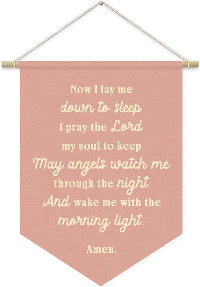 Prayer Nursery Decor,Girls Room Decor - Now I Lay Me Down to Sleep Pink Linen Banner Flag for Little Girl Baby Girl,Wall Hanging Pennant Flag Banner 15x11in