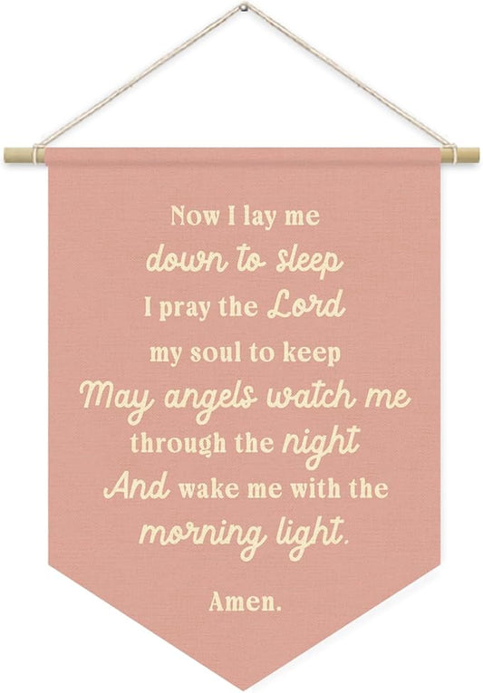 Prayer Nursery Decor,Girls Room Decor - Now I Lay Me Down to Sleep Pink Linen Banner Flag for Little Girl Baby Girl,Wall Hanging Pennant Flag Banner 15x11in