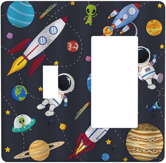 Rocket Planets Astronaut Blue Decorative 2 Gang Light Switch Covers Single Toggle Rocker Combo Wall Plate Electrical Faceplate Decorative Switchplate for Nursery Kidsroom Bedroom Decor