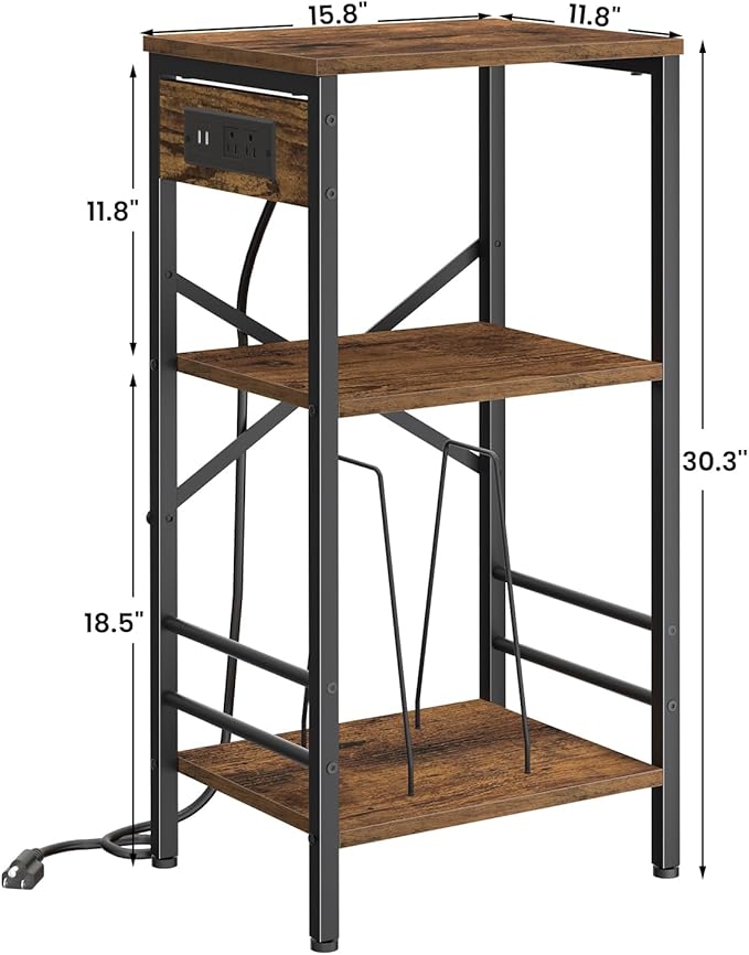 Record Player Stand with Charging Station, 3-Tier End Table with LED Light, Side Table Nightstand for Vinyl Storage,Tall Beside Tables Turntable Stand Living Room, Bedroom, Rustic Brown
