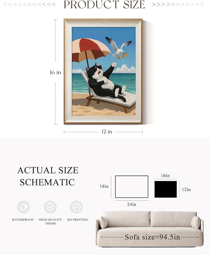 ARPEOTCY Framed Canvas Wall Art, 12x16 Inch Funny Black and White Cat on the Beach Print, Coastal Wall Decor for Bathroom, Bedroom, or Living Room, Humorous Gift for Cat Lovers