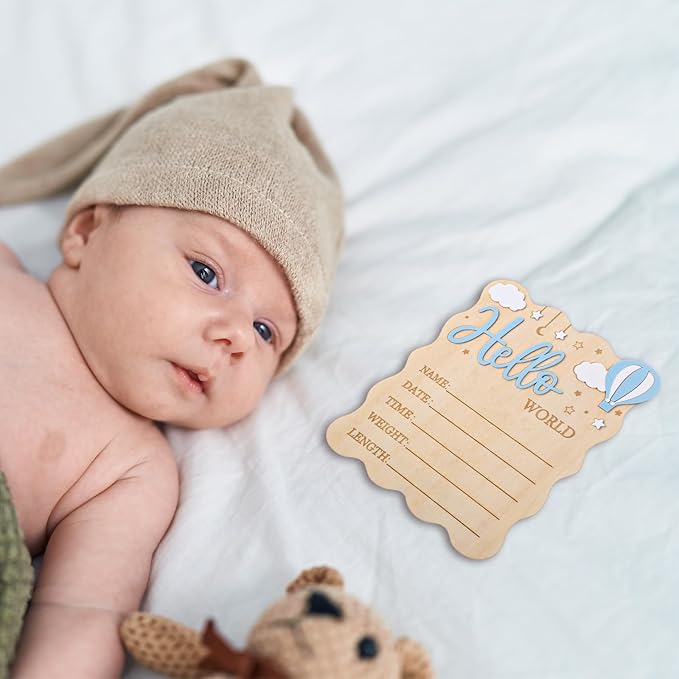 Baby Announcement Sign,Wooden Hello World Newborn Signs Birth Announcement Sign and Pen for Baby Shower Hospital Nursery Newborn Boys and Girls (Blue)