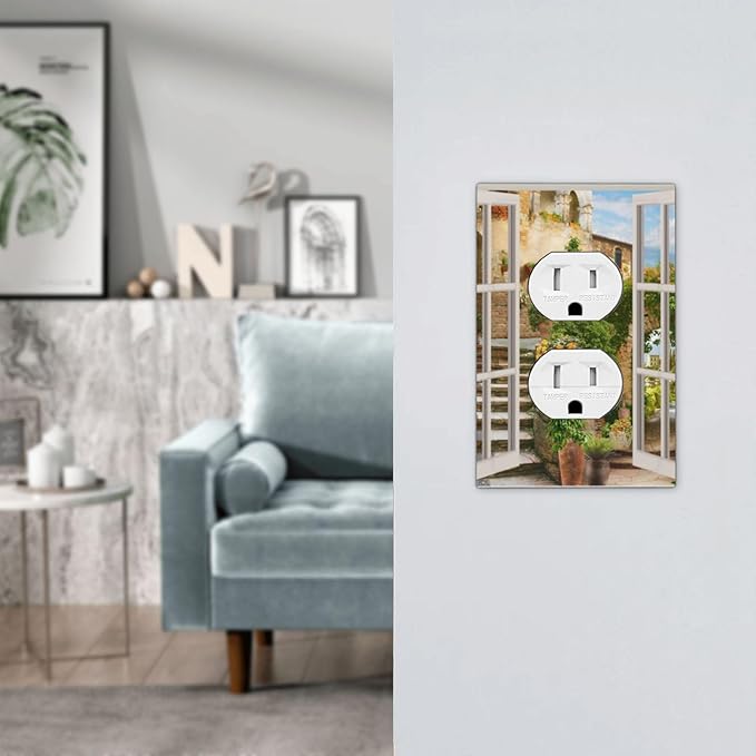 Mediterranean Greece Scene Flowers 1 Gang Duplex Outlet Covers Light Switch Cover Decorative Electrical Switchplate Italian Town from Another Window Faceplate for Bathroom Bedroom Home Decor