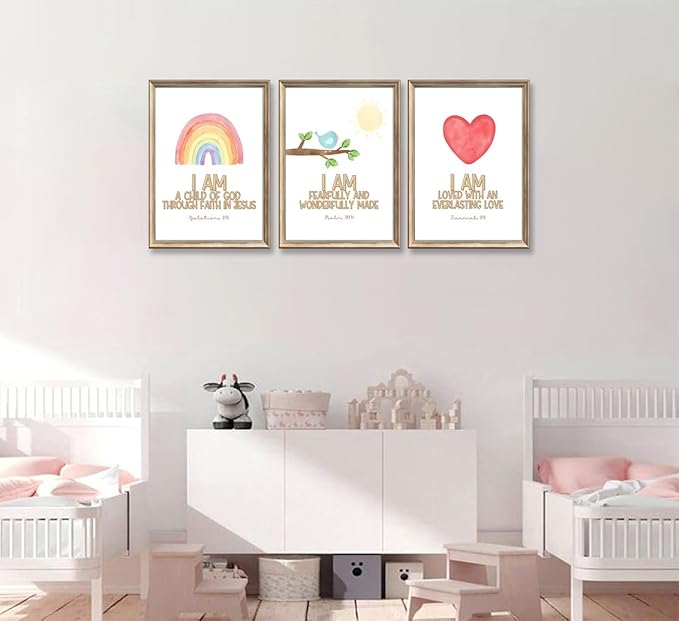 3Pcs Nursery Bible Verse Canvas Wall Art Colorful Rainbow Motivational Affirmation Wall Decor Pictures Christian Kids Scripture Introduction Posters Prints for Kids Room Nursery Home Decoration