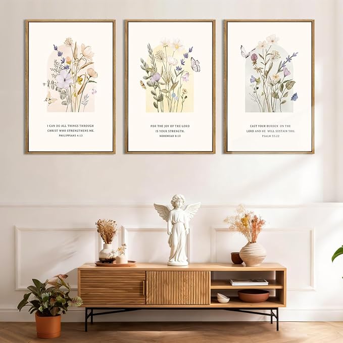 IARTTOP Extra Large Christian Bible Verse Scripture Wall Art Framed 24x36 Inches Set of 3 Minimalist Botanical Floral Religious Farmhouse Canvas Wall Decor for Church Living room Dining room