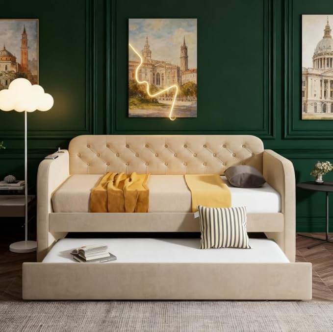 Bellemave Twin Upholstered daybed with Trundle and USB Charging, Velvet Tufted Sofa Bed Twin Size, daybed with Trundle for Adults, Kids, Girls, Teens, for Living Room, Light Beige