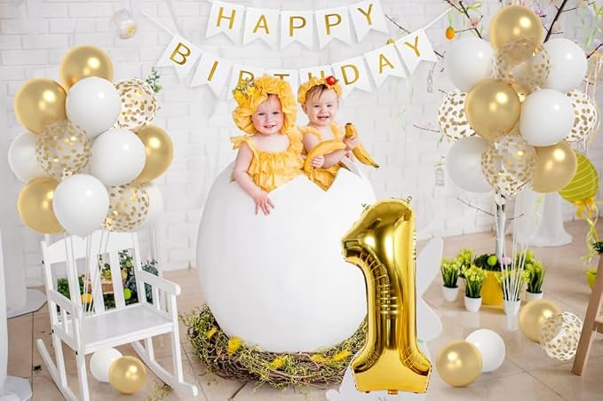 1st Birthday Decorations,40inch Gold Number 1 Balloon And Happy Birthday Banner With 12inch Metallic Gold White Confetti Balloons For One Year Old Boys Birthday Decorations