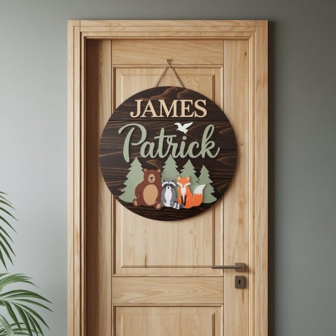 Personalized Name for Nursery Wall, Bear Fox Raccoon Sign for Baby Door Decor, Newborn Gifts for Boy, Boys Nursery Wall Bedroom Decorations, Mother's Day Gifts for New Mom Dad Gift