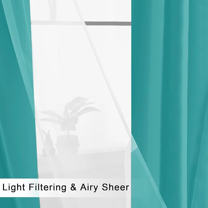 Hiasan Mix&Match Blackout Curtains with Sheer Overlay, Double Layer Thermal Insulated Privacy Grommet Window Curtains for Girls Bedroom,Living Room,2 Drape Panels with Tiebacks,Peacock Teal,52W X 96L