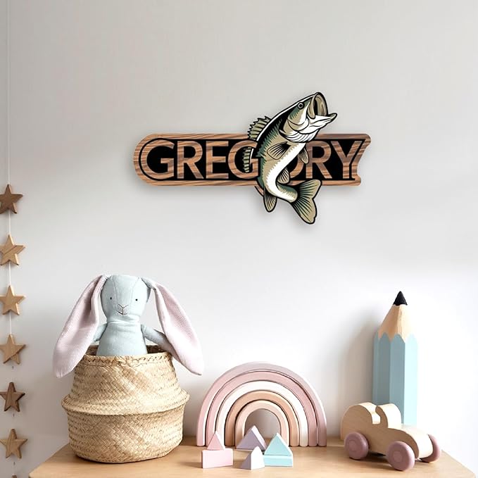 Personalized Nursery Sign, Fishing Wooden Sign with Name, Hello World Newborn Sign, Fishing Sign for Kid Room Decor, Baby Gifts for Boy, Custom Baby Name Sign, Baby Boys Wall Art Bedroom
