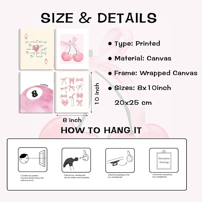 Coquette Y2K Lucky Wall Art Set of 4, Pink Preppy Aesthetic Canvas Prints, Cherry Bows 8 Ball Ace Card Wall Decor for Girls Bedroom, Dorm, Vanity, or Home Decor 8x10in Framed
