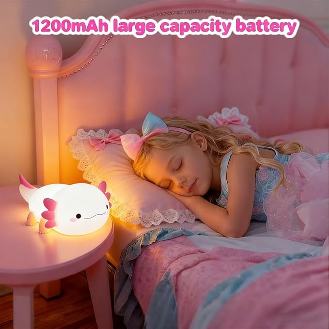 Cute Axolotl Night Light for Kids Bedroom, Animal Silicone Nursery Night Lamp Touch Control Nightlights USB Rechargeable Bedside Lamp for Baby Children Toddlers Girls Gift (Pink Axolotl)