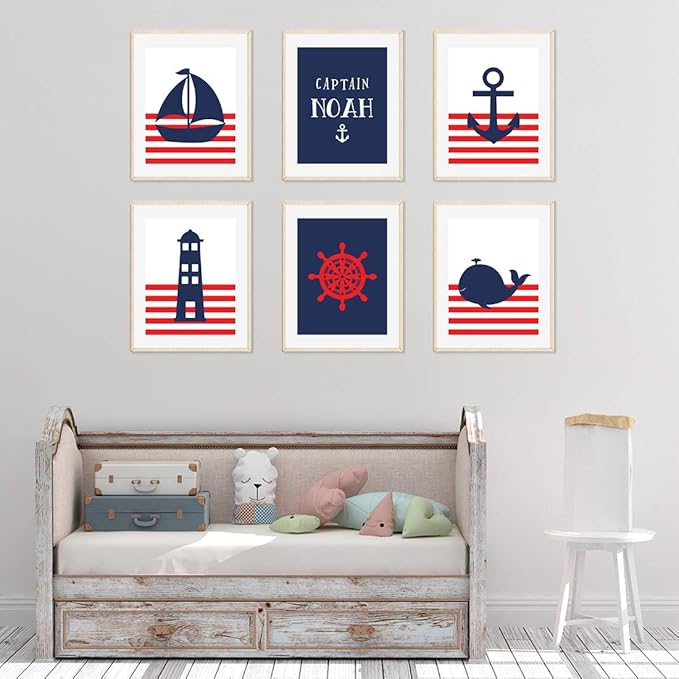 Andaz Press Personalized Ocean Nautical Sailor Theme Nursery Kids Bedroom Hanging Wall Art Decor, 8.5x11-inch, Red Stripes, Boat, Anchor, Lighthouse, 6-Pack, Custom Unframed Room Poster