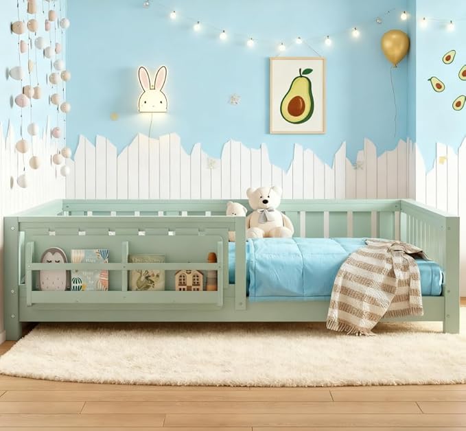 Bellemave Full Size Floor Bed with high Rails and with Built-in Bookshelf for Kids, Girls, Boys, Wood Montessori Floor Bed Without Door, Avocado Green