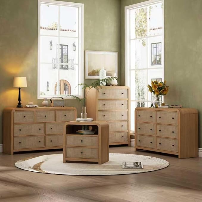 Oak&Sparrow 5 Drawer Tall Dresser for Bedroom, 47'' Rattan Dresser with Ample Storage, Boho Chest of Drawers, Thickened Curved Profile Design, Oak Dressers for Bedroom, Living Room