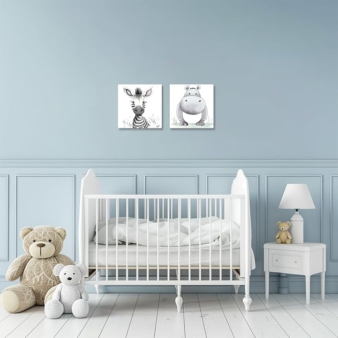Baby Animal Framed Canvas Wall Art Set of 2 - Cute Baby Zebra Hippo Paintings Pictures Nursery Decor Wild Animals Posters Prints for Living Room Kids Room Decor(Artwork-01, 12"x12"x2P)