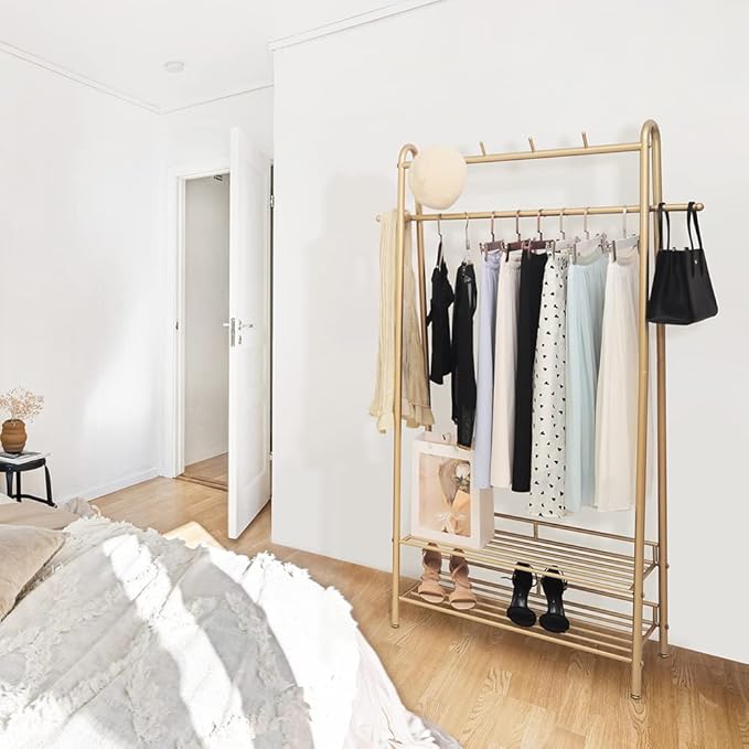 Gold Clothing Rack Freestanding Industrial Garment Rack with Double Shelves Heavy Duty Metal Modern Clothes Rack Stand Multi-functional Coat Hanger Rack Stand for Boutiques Bedroom