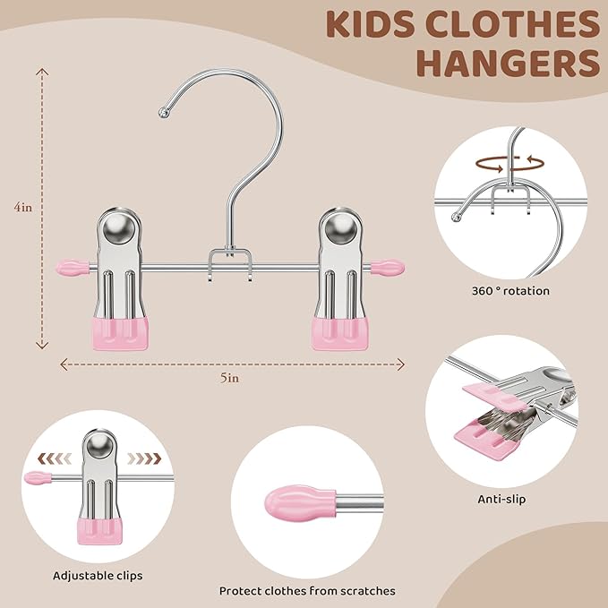 24 Pack Baby Hangers with Clips, 360°Rotatable Toddler Pant Hangers with Clips, Non-Slip Space Saving Kids Hanger for Newborn Children Clothes Skirts Boots Closet Organizers, Pink
