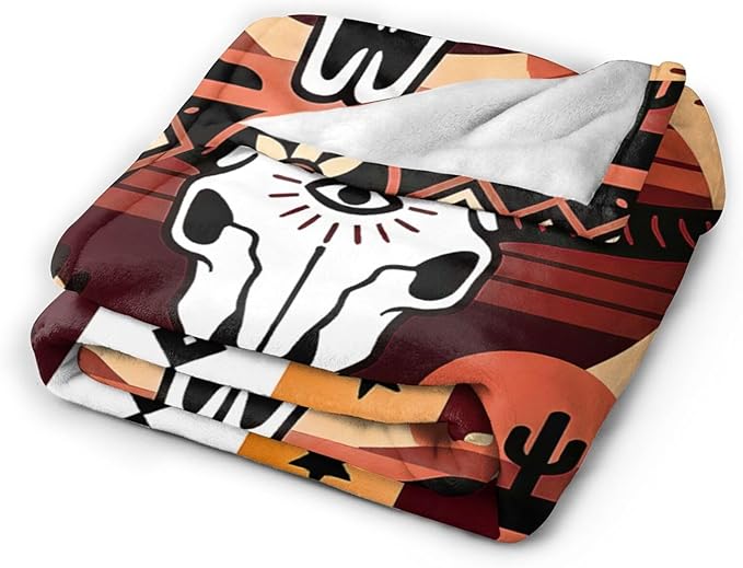 Western Boho Bull Skull Blanket Southwest Aztec Tribal Southwestern Navajo Throw Blanket Soft Cozy Fleece Fuzzy Stuffed Plush Flannel Gifts for Girls Women Boys Kids Adults 60''x80''
