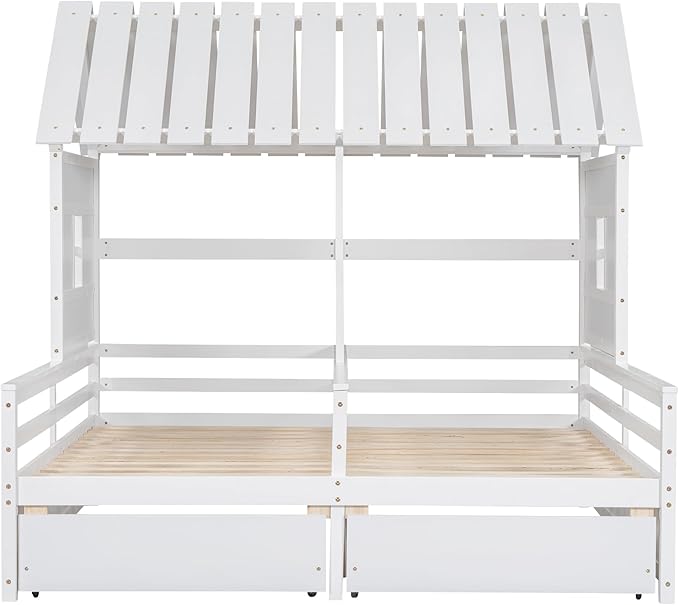 P PURLOVE Double Shared Bed,Two Twin Size House Platform Beds with Drawers for Boy and Girl, House Bed Frame Combination of 2 Side by Side Twin Size,White