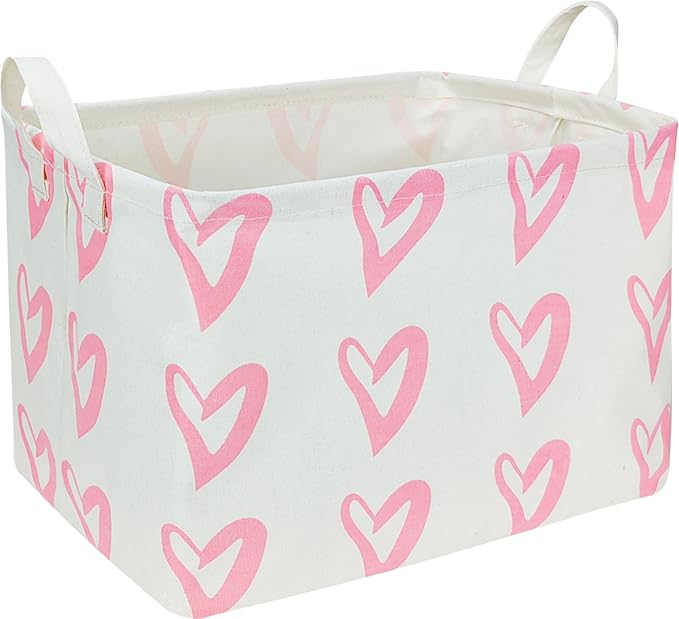 CLOCOR Rectangular Pink Heart Basket Empty, Storage Bin, Waterproof Book Box with Handles, Gift Basket(Pink Heart)