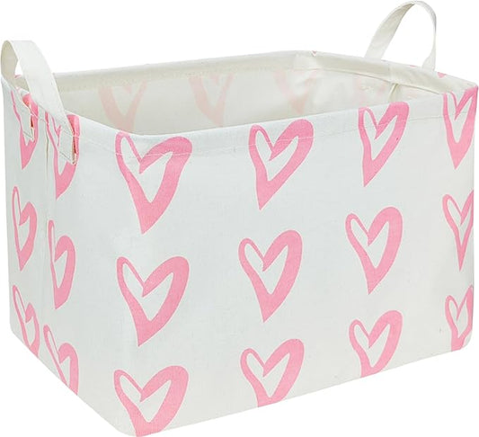 CLOCOR Rectangular Pink Heart Basket Empty, Storage Bin, Waterproof Book Box with Handles, Gift Basket(Pink Heart)