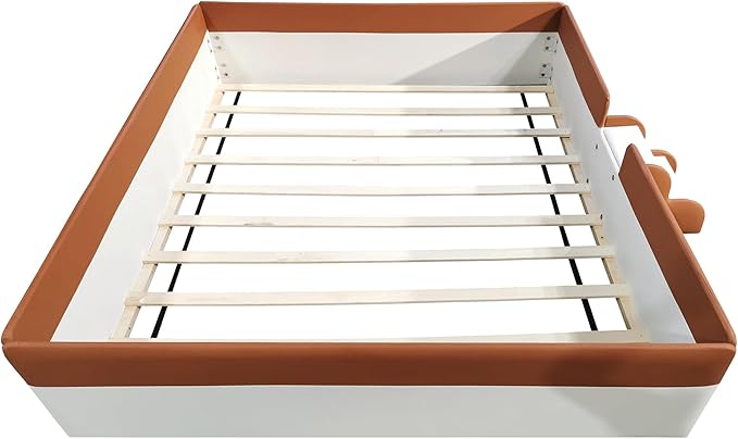 Queen Size Upholstered Daybed Frame with Fence and Stairs, Montessori Kids Floor Bed with Sturdy Slat Support for Kids Boys Girls (Brown+Queen)