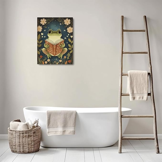 Whimsical Reading Frog Decor Book Lovers Gifts Bookish Gifts Wall Decor Canvas Wall Art Framed Prints Artwork for Living Room Library Office Cozy Art Study Nursery Decorations Painting 11.5X14.5 Inch