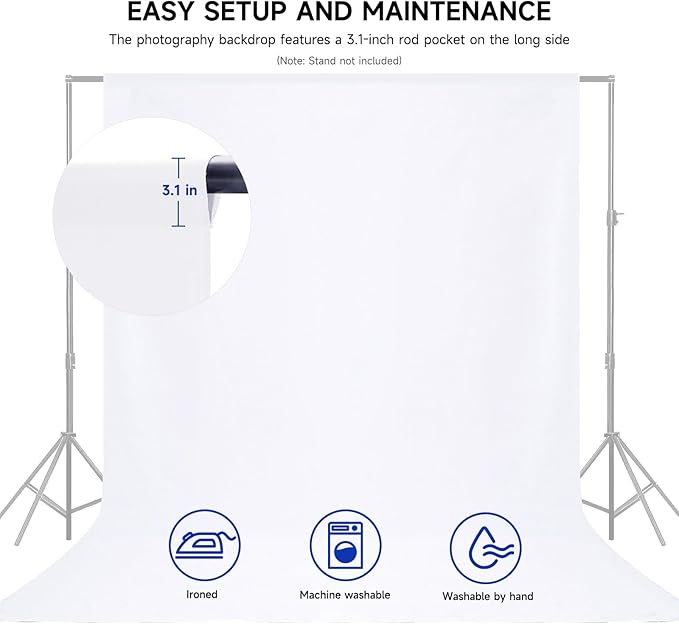 YSKE-Y1 10x7 FT White Seamless Fabric Photo Backdrop with 3.1-Inch Rod Pocket for Photography Studio, Video Shoot, Party