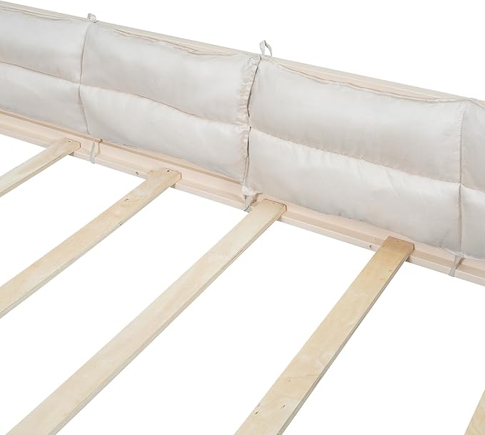 Full Size Upholstered Floor Bed with Guardrail, Montessori Platform Bed Frame for Kids and Toddlers, Wood Slat Support, No Box Spring Needed (Beige + Solid Wood+MDF + Full)