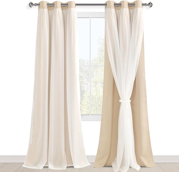 Hiasan Blackout Curtains with White Sheer Overlay, Mix & Match Double Layer Thermal Insulated Window Panels 96 inches Long for Bedroom Living Room, 2 Window Panels with Tiebacks, Beige, 42W X 96L
