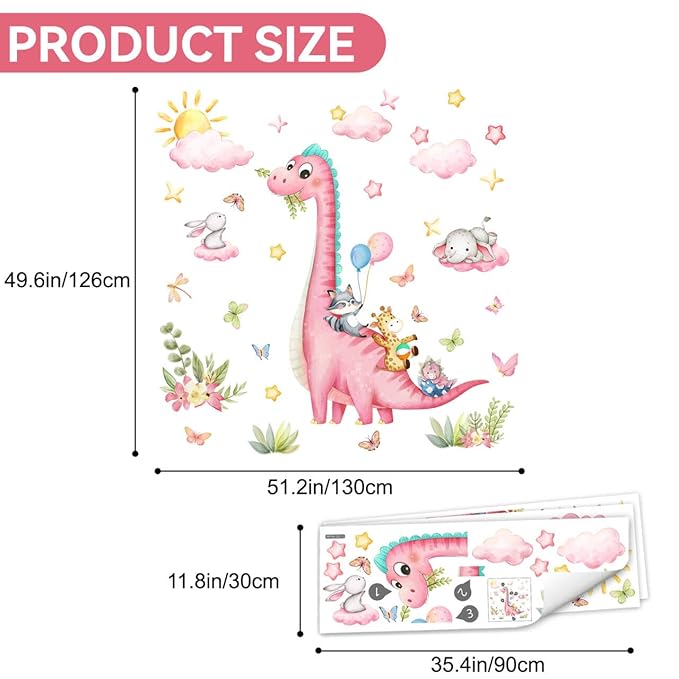 Pink Dinosaur Wall Decals for Girls Room, Sunoyar Dinosaur Wall Stickers Removable, Self-Adhesive DIY Peel & Stick Dino Wall Decal for Girls Baby Nursery Bedroom Living Room