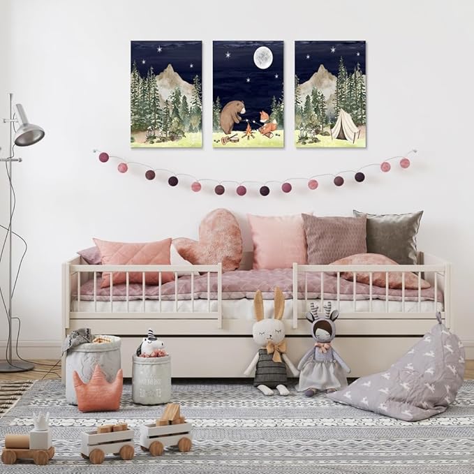 Camping Nursery Wall Decor, Bear Fox Nursery Print, Moon Night Woodland Nursery Decor, Watercolor Mountain Forest Wall Art, Set of 3 Nature Picture for Boy Girl Bedroom, Framed Canvas, 12"x16"x3