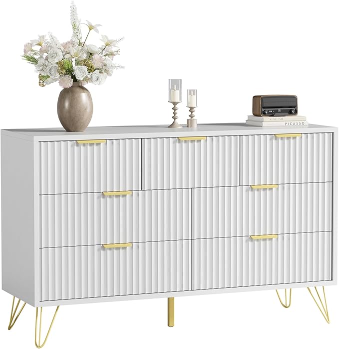 LYNSOM Fluted Dresser for Bedroom, White 7 Drawer Dresser with Gold Handles and Wide Drawers, Wood Chest of Drawers for Bedroom, Hallway