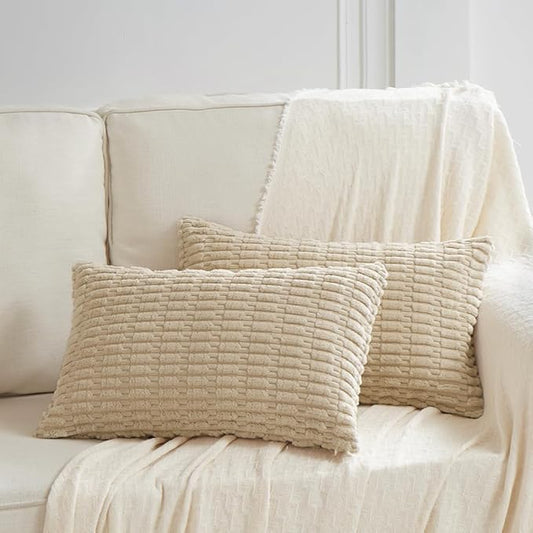 Fancy Homi 2 Packs Tan Lumbar Decorative Throw Pillow Covers 16x24 Inch for Living Room Couch Bed Sofa, Rustic Farmhouse Boho Home Decor, Soft Striped Corduroy Rectangle Cushion Case 40x60 cm