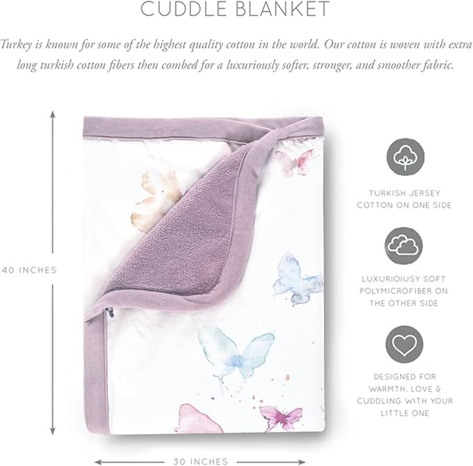 Oilo Baby Blanket, Luxury Soft Plush Chenille Backing & Turkish Cotton Jersey Print, Double Layered, 30" x 40", Rolled Jersey Edge Trim, Machine Washable, Perfect for Infant or Toddlers, Butterfly