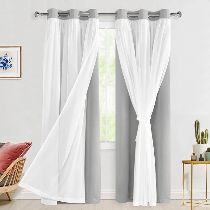Hiasan Silver Grey Blackout Curtains with Sheer 84 Inches Long, Thermal Insulated Double Layer Room Darkening Curtains for Bedroom, Living Room, 2 Window Drape Panels with Tiebacks, 42W X 84L