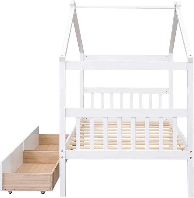 Merax Twin Size Wooden House Bed with Two Drawers, Wood Bed Frame with Roof for Kids, Teens, Boys or Girls, White