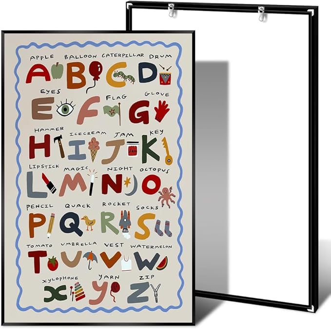 Cute First Illustration Alphabet Learning Canvas Print Posters Funny Nursery Wall Art Boho Kids Educational Abc Chart Colorful Decor Picture for Toddlers Classroom 24x36inch Metal Black Frame