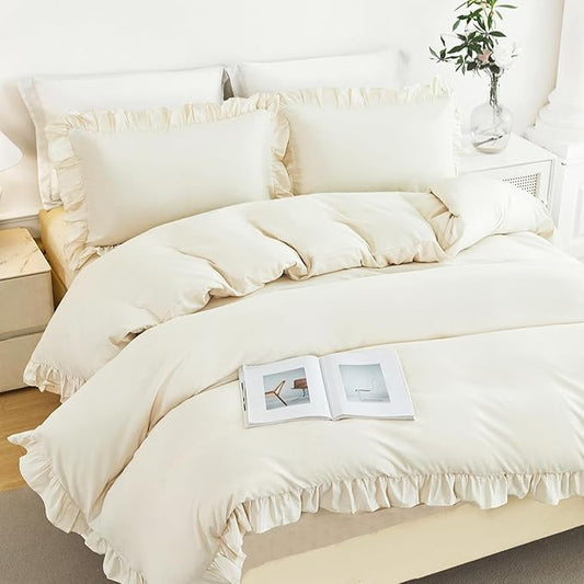 3 Pieces Beige Comforter Duvet Cover Full Boho Vintage Ruffled Duvet Cover Set Microfiber Soft Kids Bedding Set for Girls All Seasons(Beige, Full)