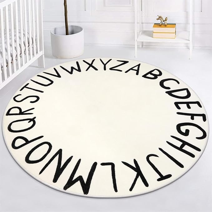 LIVEBOX ABC Play Room Round Kids Rug Circle for Playroom, Learning Nursery Rug Alphabet Washable Rug for Baby Boy and Girl Bedroom, Non-Slip Educationa Carpet for Toddlers (59",Black,Beige)