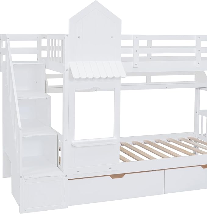 Twin-Over-Twin Castle Style Bunk Bed with 2 Drawers and 3 Shelves, Wood Bunk Bed Frame with Slide and Storage Staircase for Kids Teens Boys Girls, Maximize Space Savings
