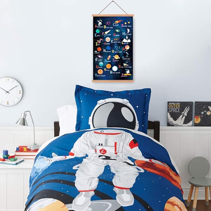 KAIRNE Outer Space Art Print With Wood Magnetic Poster Hanger Frame, Astronomy Alphabet Letters Canvas Wall Art,Abstract Universe Educational Poster,40X64CM Hanging Painting For Home Classroom Decor