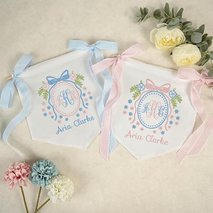 Embroidered Baby Name Sign with Bows Personalized Baby Announcement Sign Newborn Baby Banner Baby Hospital Name Sign Canvas Hanging Pennant Flag Custom Infant Baby Name Baby Shower Banner (13)