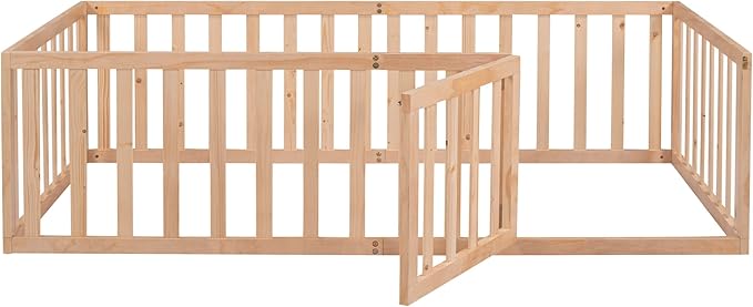 Merax Twin Floor Bed with Safety Guardrails and Door, Wood Montessori Floor Bed Frame for Kids, Twin Playhouse Bed Frame for Baby Girls and Boys, Natural