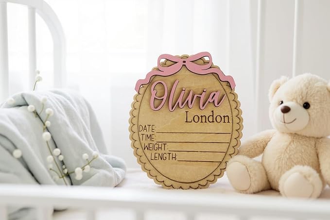 Personalized Baby Announcement Sign with Bow, Custom Wooden Name, Birth Stat Plaque – Scalloped Edge Newborn Photo Prop & Nursery Keepsake (Stat Sign)