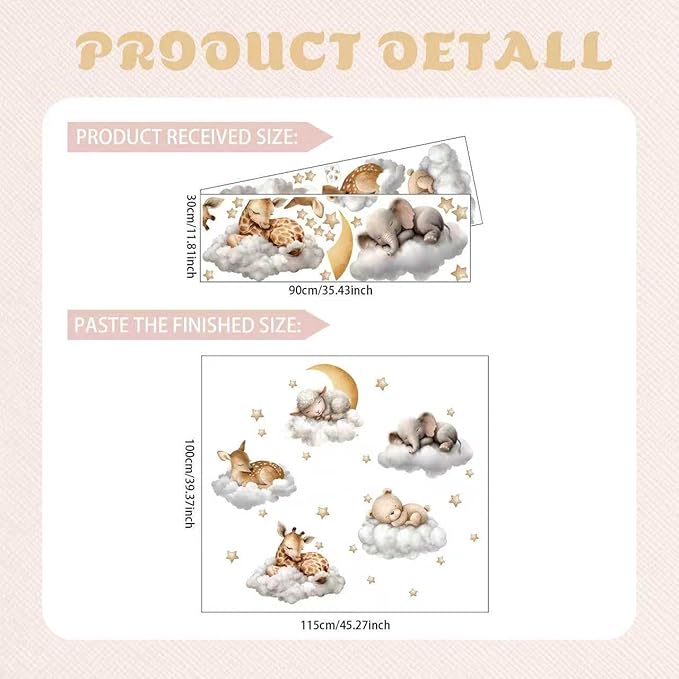 Sleeping Animals Wall Decals,Dreamy Clouds & Star Theme Art Wall Sticker Decors,Peel and Stick Elephants, Bears, Deer Decals for Kids Bedroom Nursery Playroom Library Living Room and Bedroom Decor