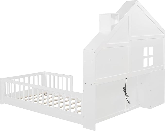 Twin Size Kids Floor Bed with Safety Fence, Solid Wood Montessori Platform Bed with House Shape Headboard with Bedside Drawers, Shelves, Sockets and USB Port for Kids Boys Girls (White-LT1)